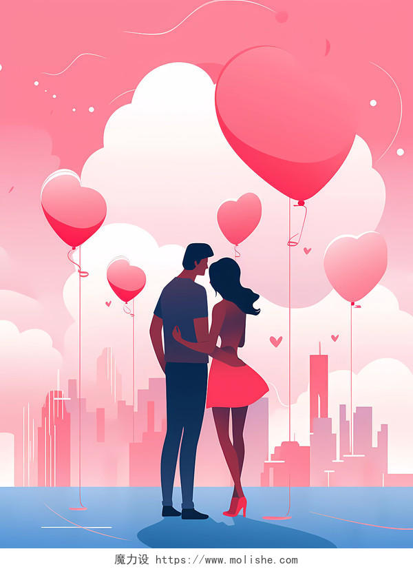粉色色唯美国际接吻日浪漫情侣拥吻情人节爱心气球场景